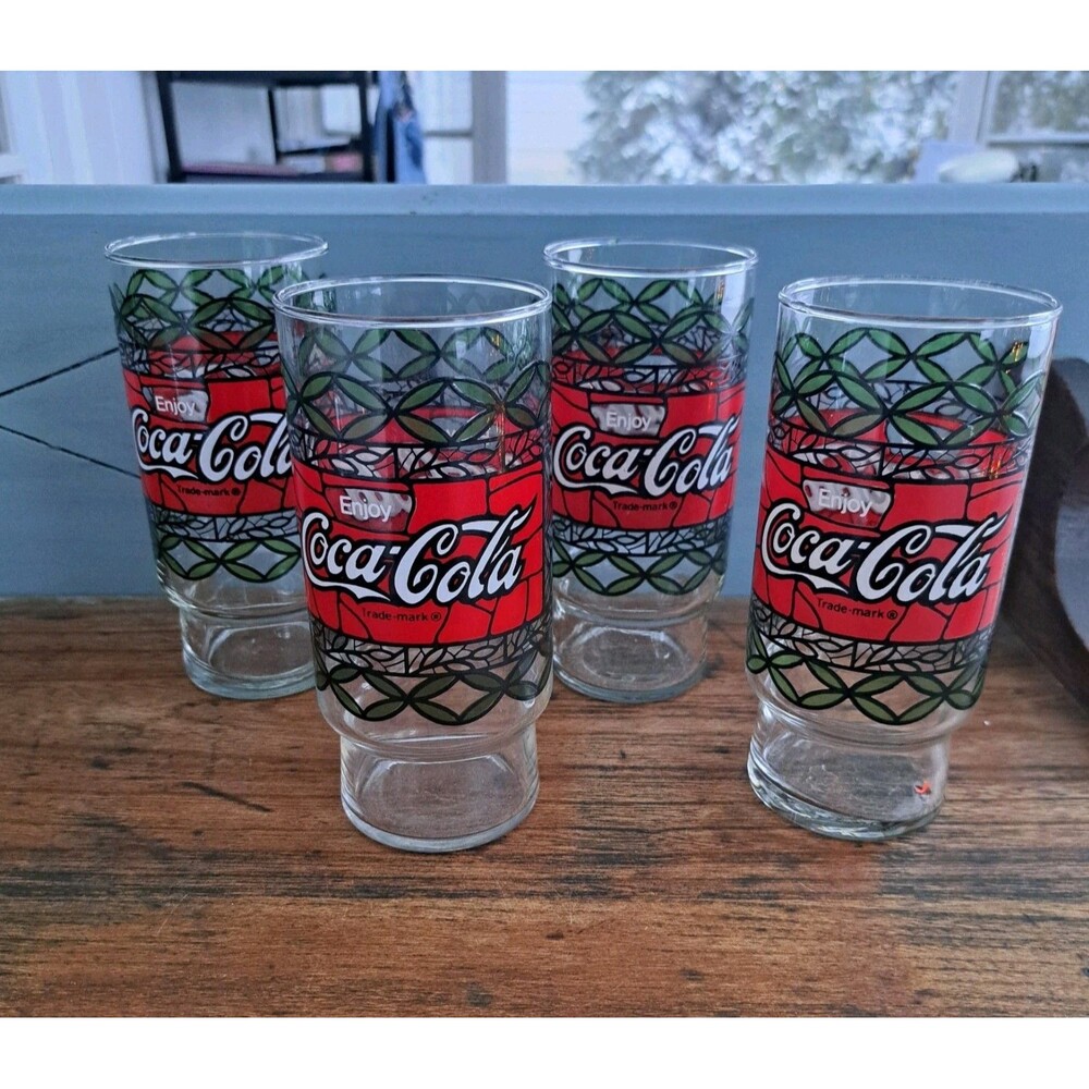Vintage Set Of 4 Tiffany Stained Glass Coca Cola Holiday Red Drinkware Coke